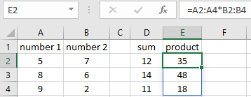 Product of two columns through an array formula.