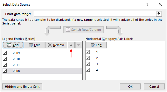 Dialog box data source. Here you can change the order of the data series.
