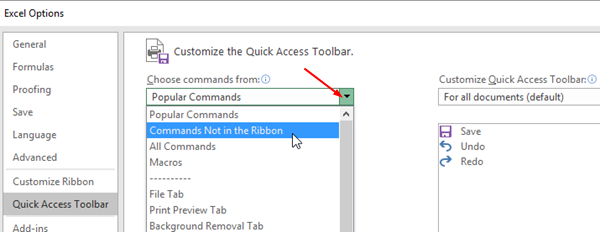 Dialog box Quick Access Toolbar Commands.