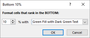 Dialog box conditional format bottom 10%. Also a percentage other than 10 can be set.