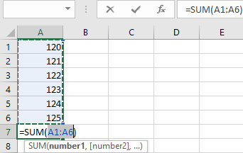 Selection borders around cells to sum.