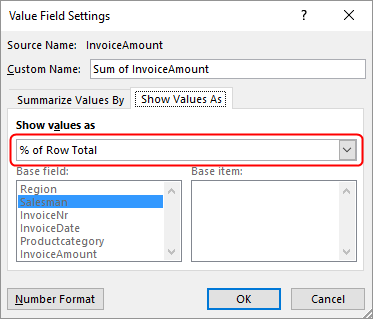 Setting values as percentages of row total.