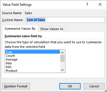 Dialog box value Field Settings.