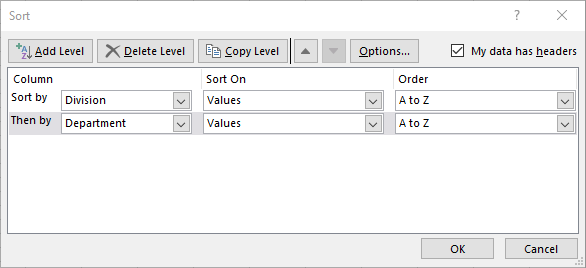 Dialog box sort with two levels.