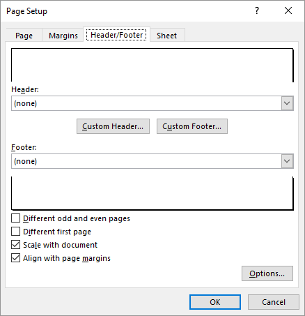 Settings for header and footer.
